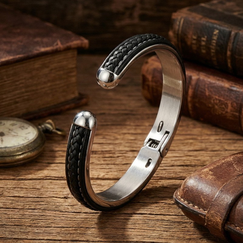 Unique Woven leather stainless steel C-shaped open Cuff Bangle Bracelet For Mens