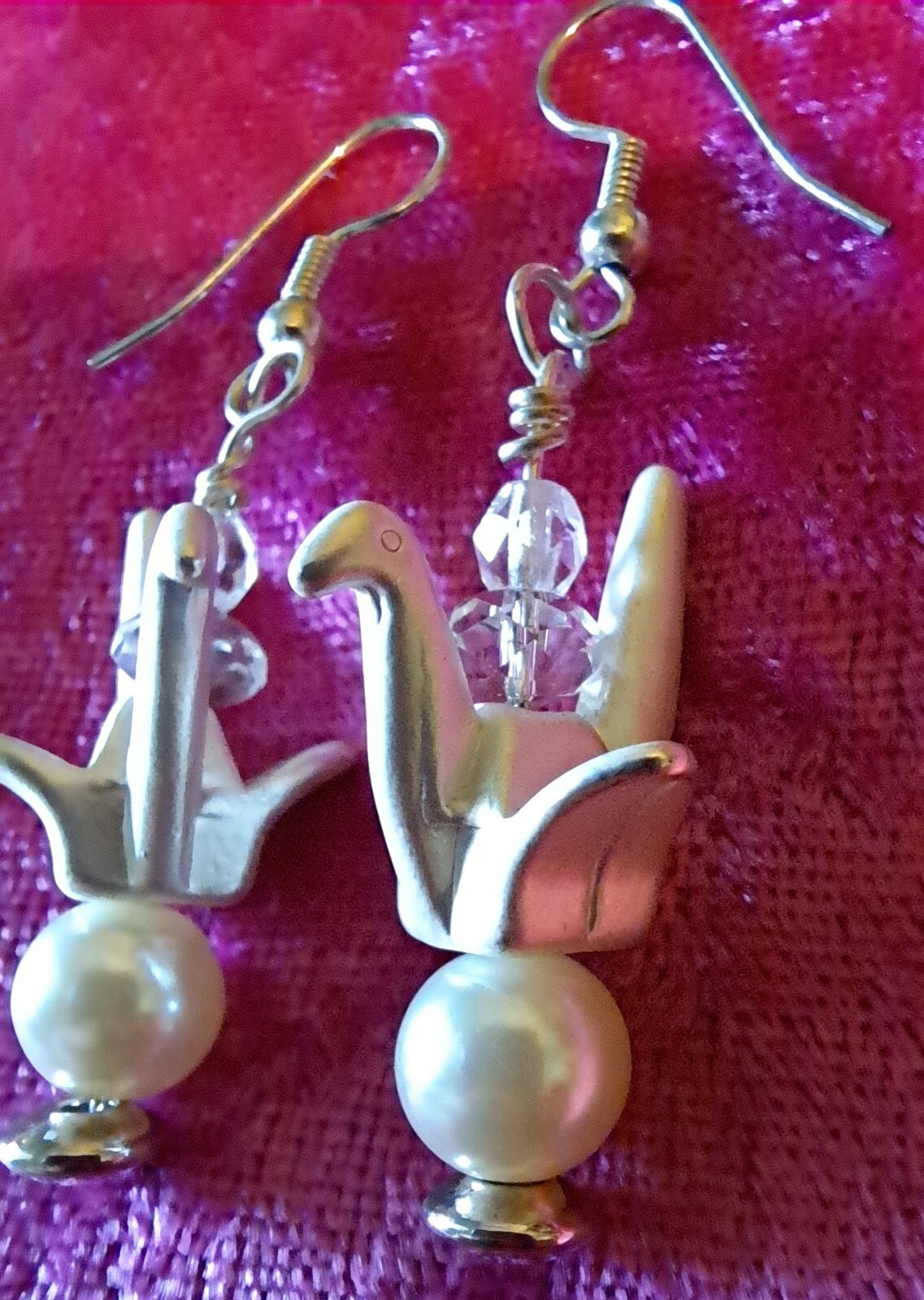 Origami Look Bird Earrings With Crystal and Faux Pearl Metal Earrings