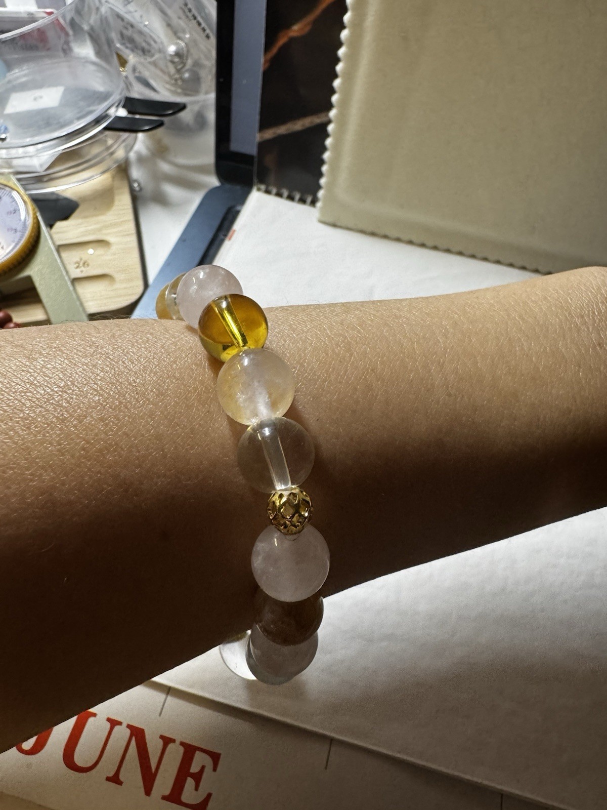 10-15mm Natural healing Crystal stretch Beaded Bracelet pink quartz yellow clear