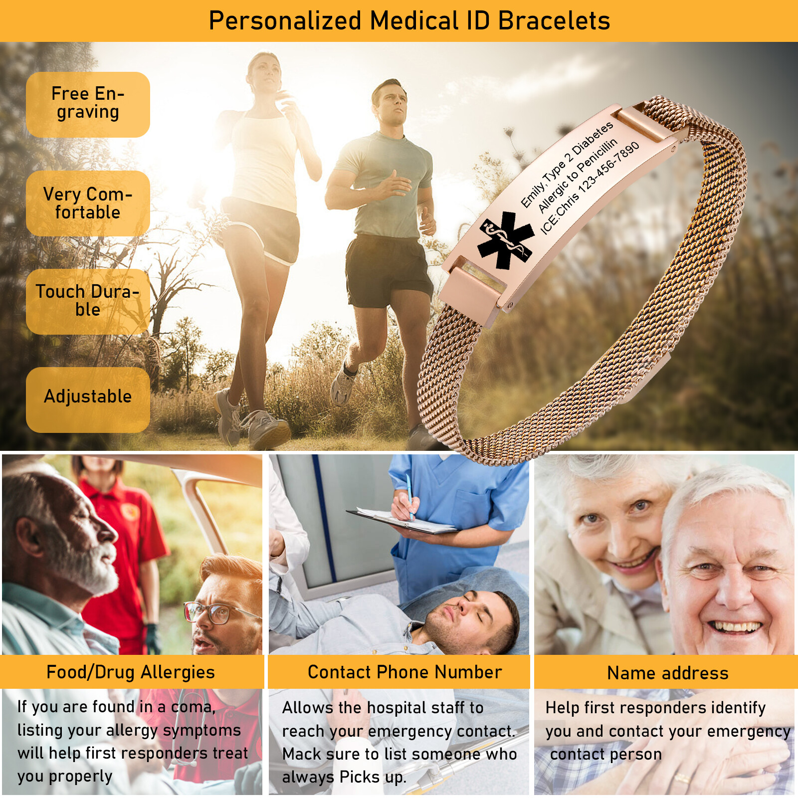 Personalized Medical Alert ID Bracelet Emergency Bangle Wristband Custom Engrave