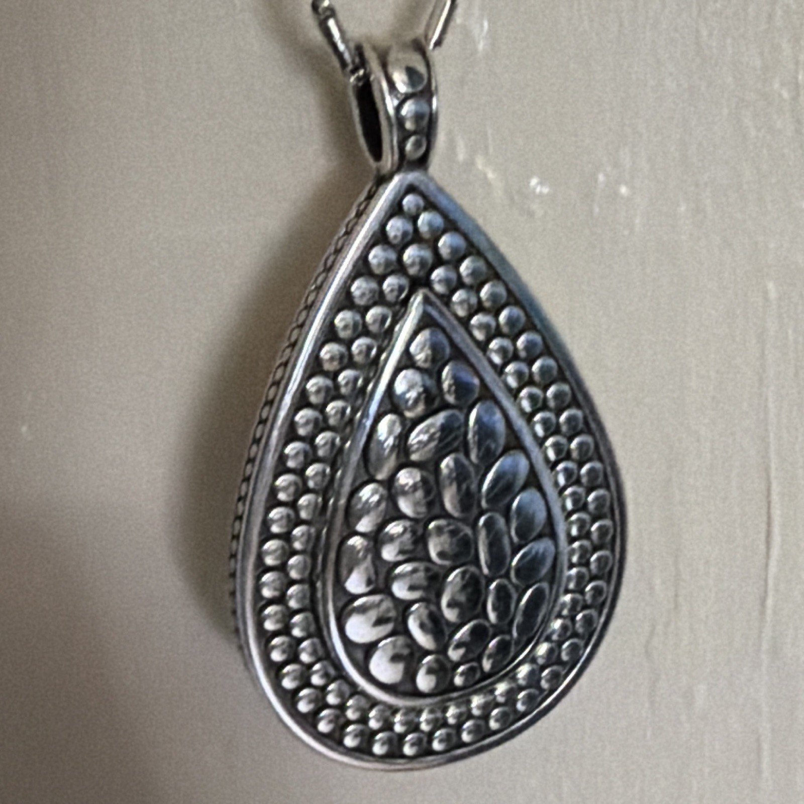 Silver Tone Teardrop Charm Pendant Necklace Bar Link Chain Spring Ring