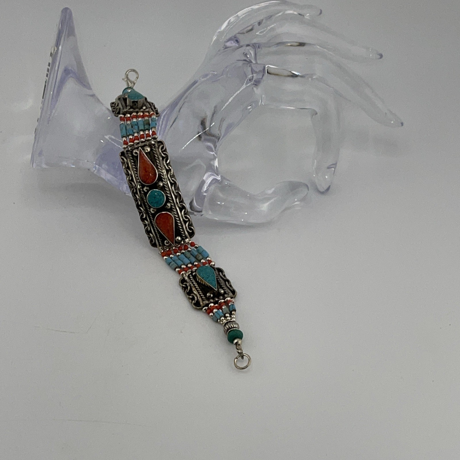 Unisex NEPAL TIBETAN HANDMADE Coral & Turquoise Bracelet Tibetan Silver 7.50”