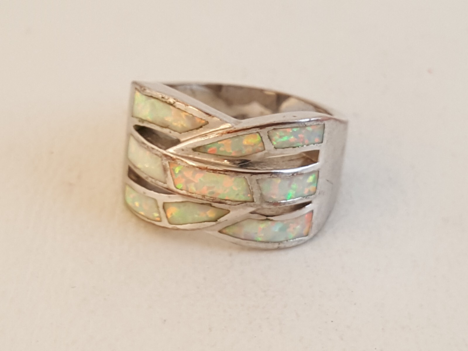 Lab created synthetic opal sterling silver ring sz 8 weave woven