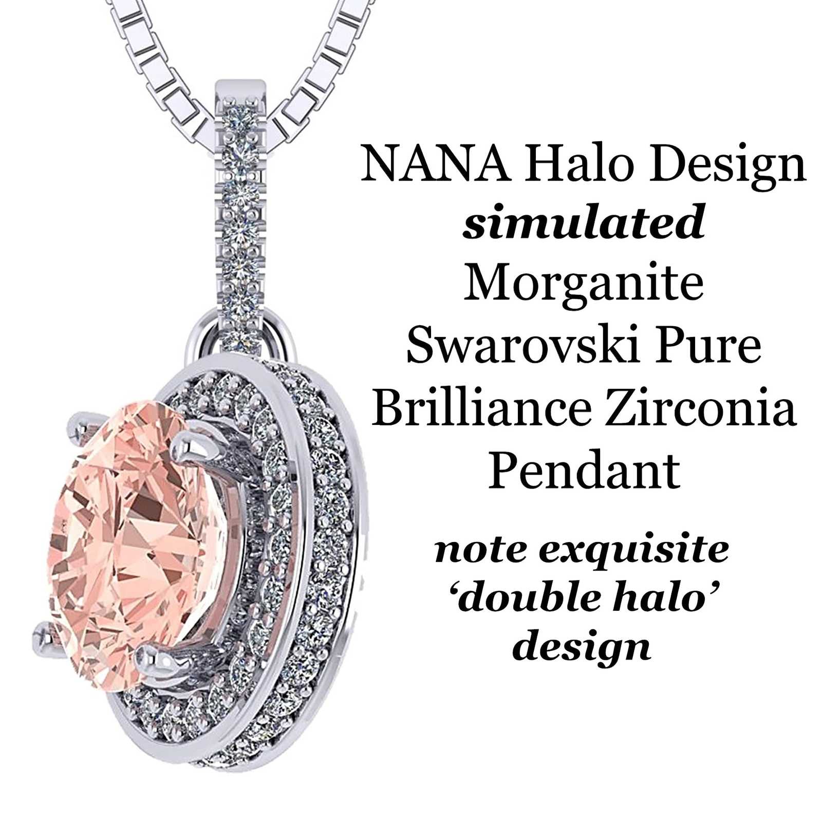 1.00ct Round Simulated Morganite Halo Necklace in 925 Sterling Silver & Zirconia