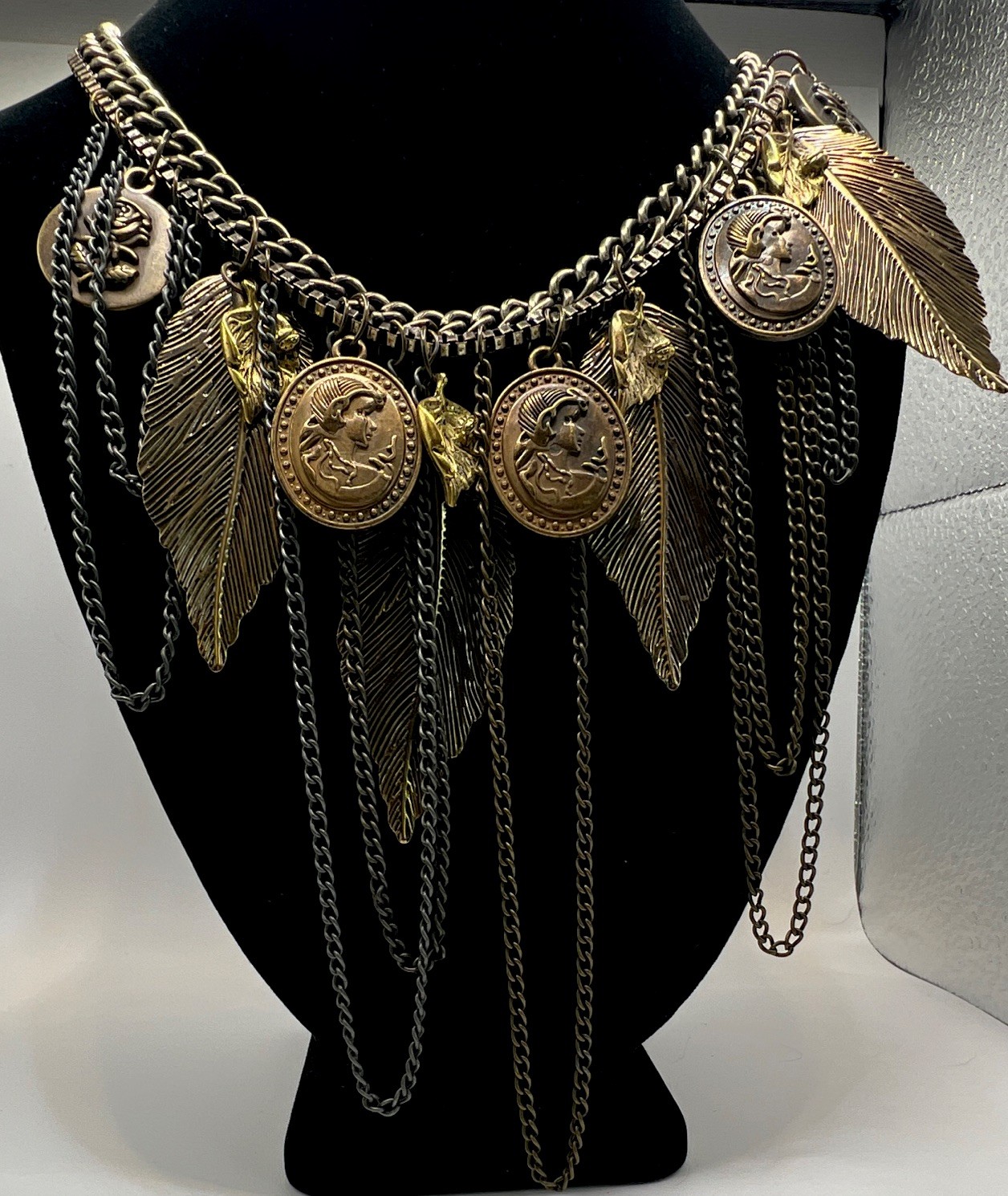 Antique Gold Gunmetal Curb Chain Bib Statement Necklace, Leaf Charm, Adjustable