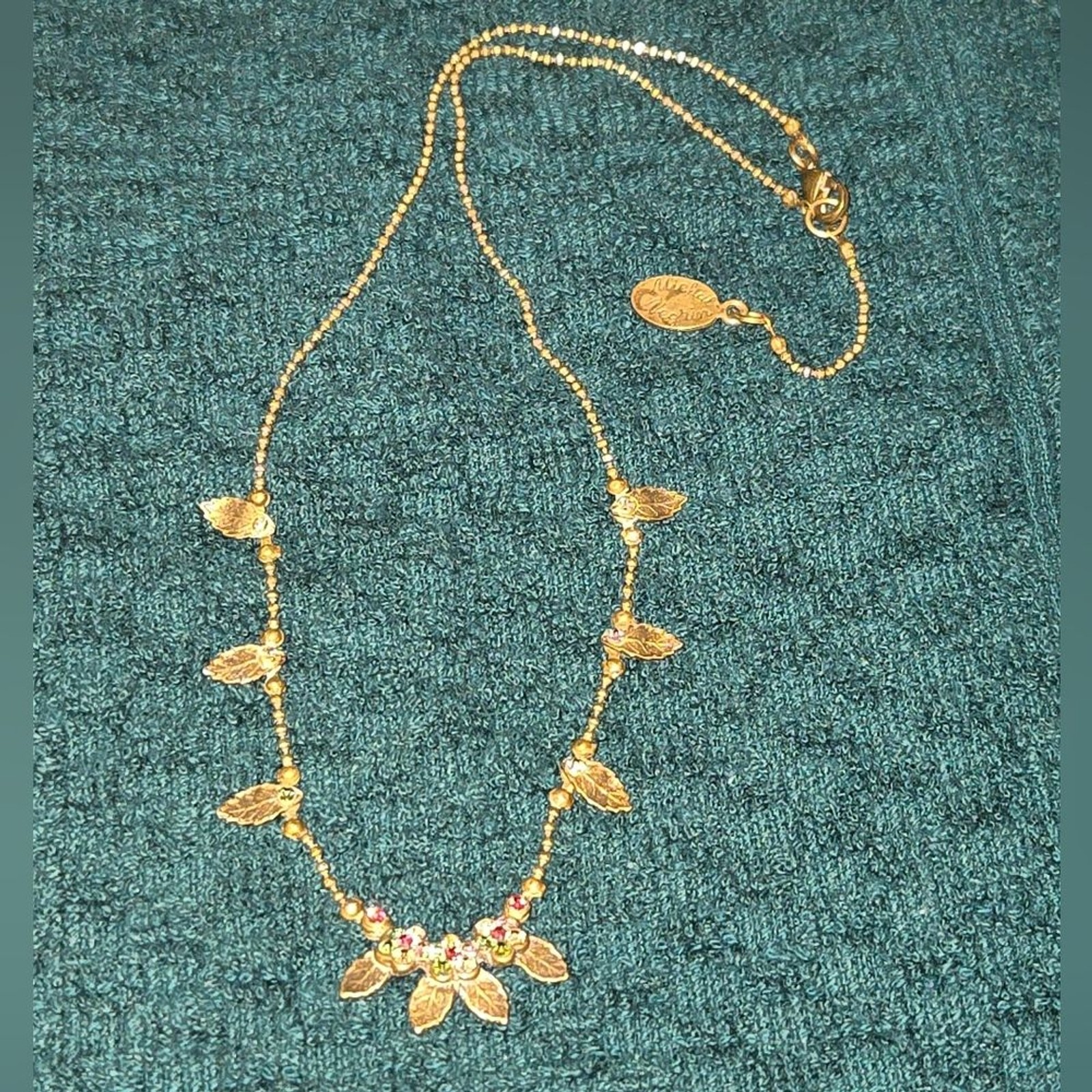 Michal Negrin Signed Swarovski Crystal Flower Bronze Ball Chain Necklace 16″