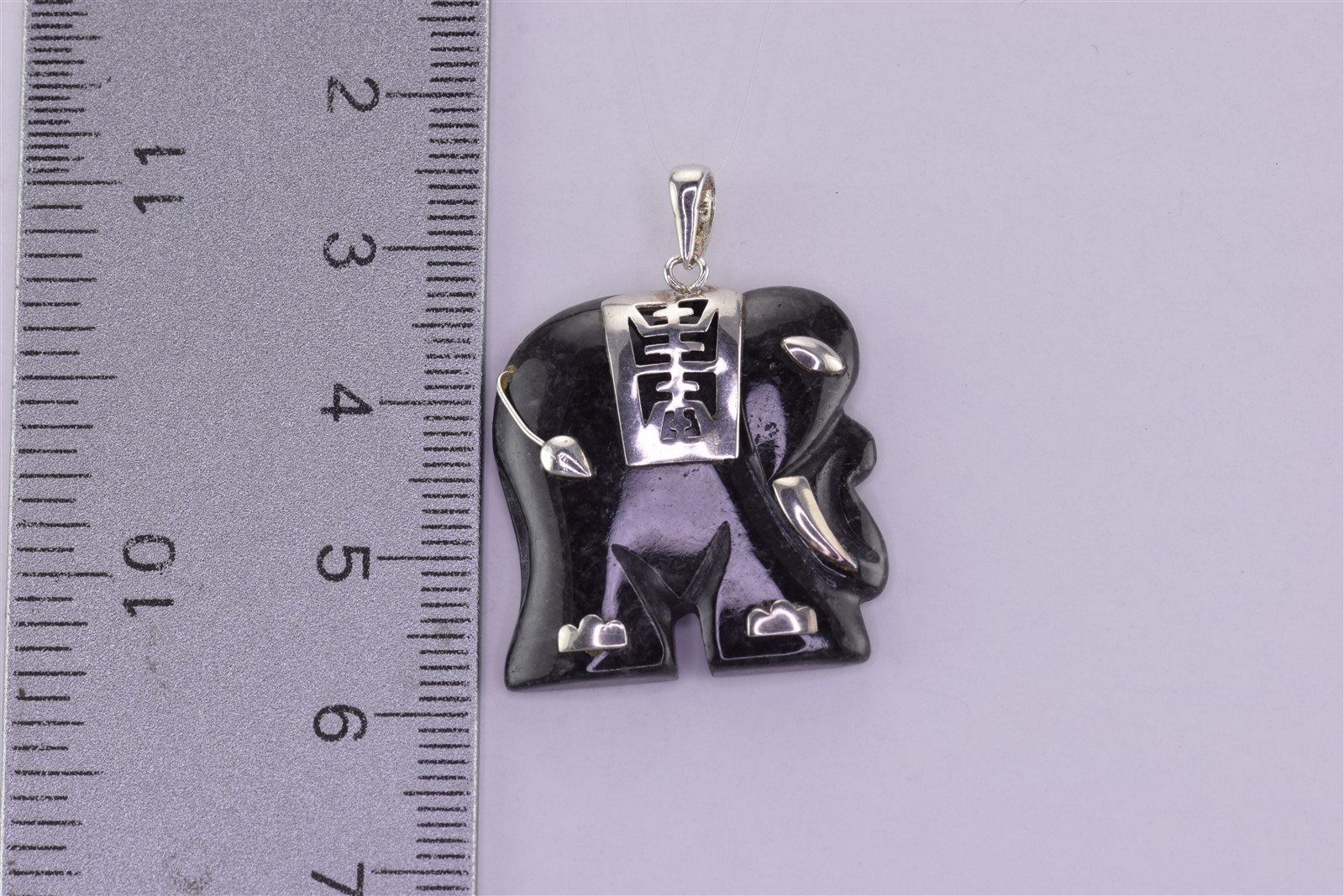 Sterling Silver 25mm x 25mm Carved Obsidian Elephant 925 Pendant