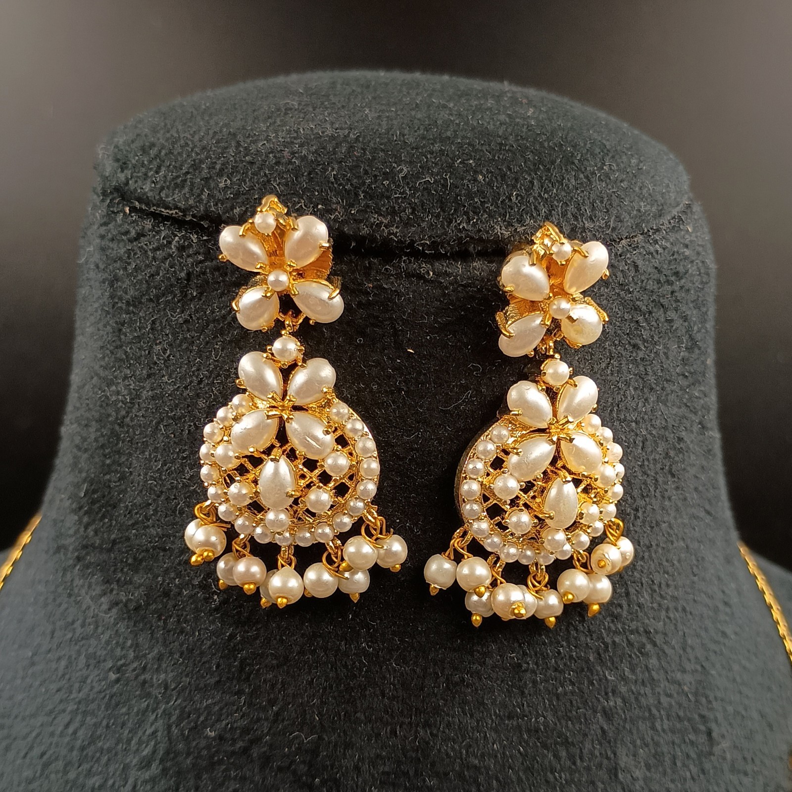 Vintage White Pearl Necklace Set 22K Gold Plated Chain Earrings Bridal Gift