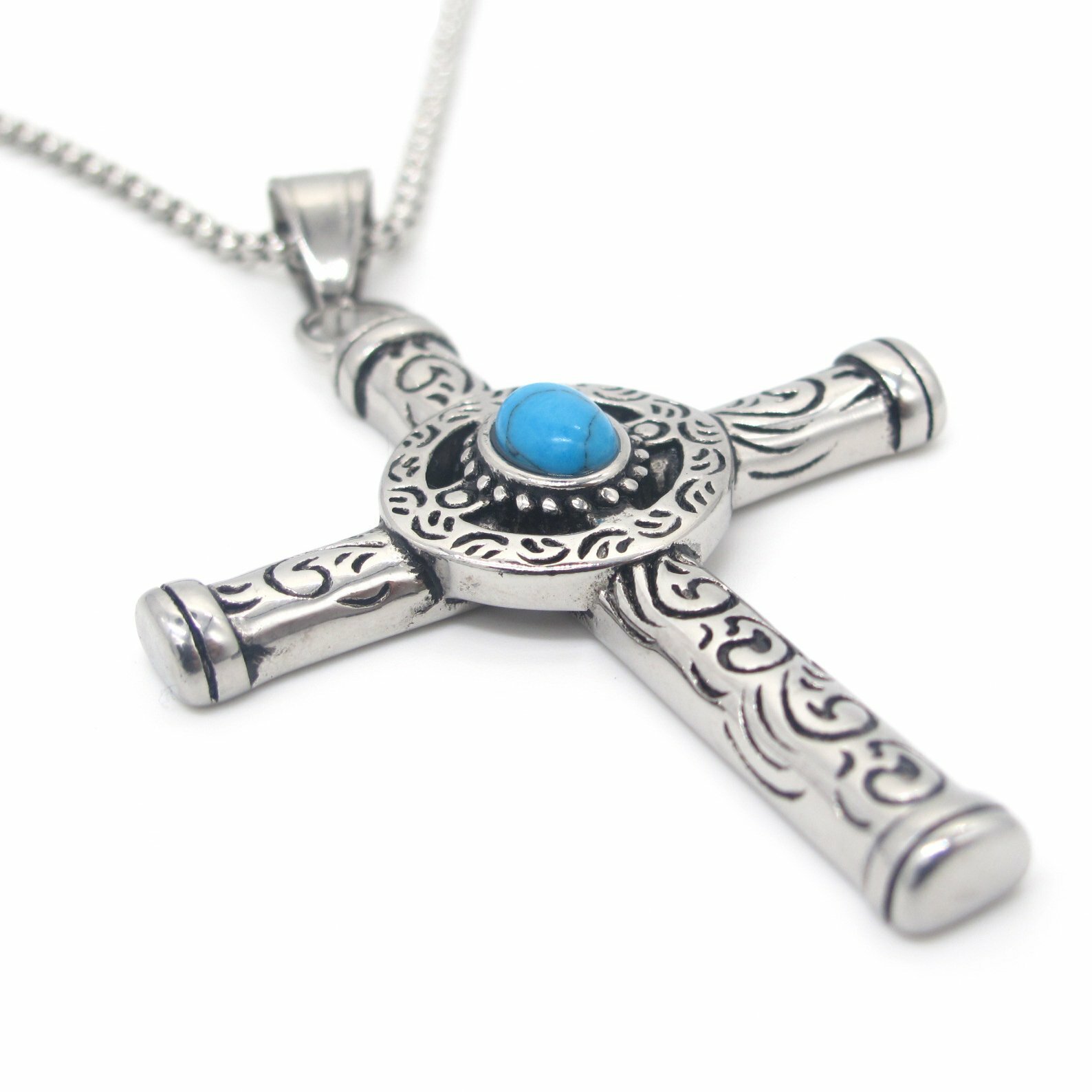 MENDEL Mens Celtic Norse Turquoise Cross Stainless Steel Necklace Gothic Pendant