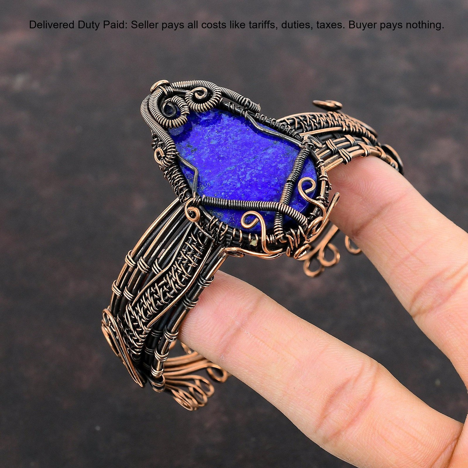 Copper September Lapis Lazuli Gemstone Wire Wrapped Handcrafted Bangle Jewelry