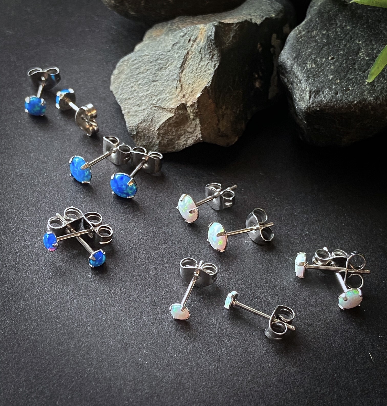 PAIR Prong Set Opal Earrings 316L Surgical Steel – choose from 2 colors, 3 sizes