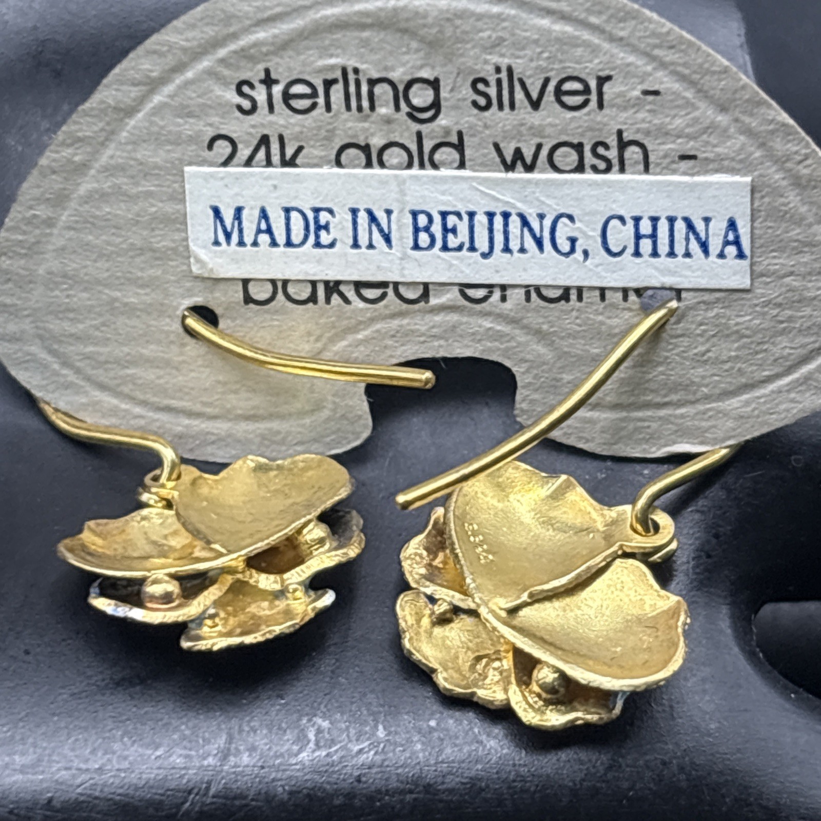 Shashi Earrings Sterling Silver Blue Enamel Gold Wash Pansy Dangle Dainty .75”￼