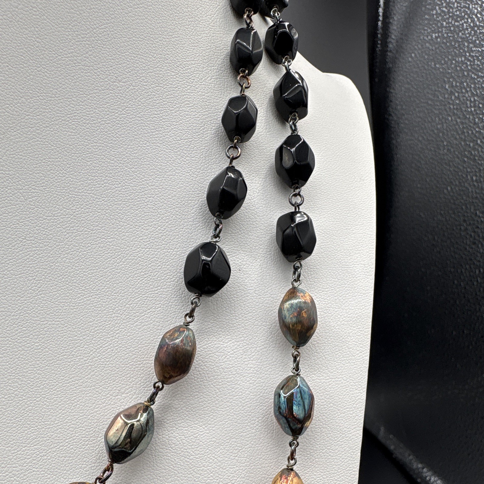 Black & Brown Beaded Link Chain Necklace 925 Sterling Italy Magnetic Clasp
