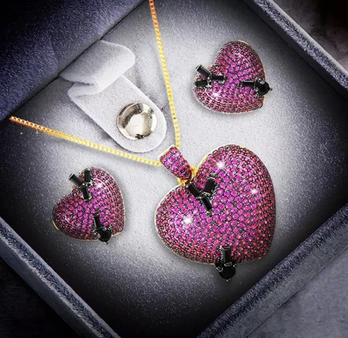18K Gold Plated Lab Pink Sapphire Heart Pendant Necklace Earrings Valentine Gift
