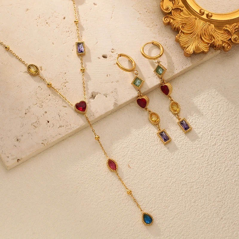 316L Stainless Steel Colored Zircon Necklace Earrings Set Luxury Sparkling Cryst