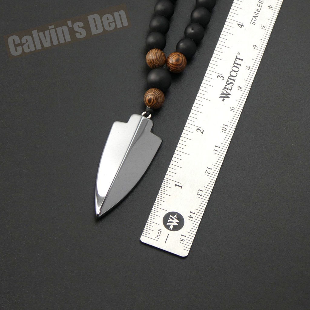 Matte Black Onyx Wenge Wood Bead Hematite Arrowhead Pendant 28” Long Necklace