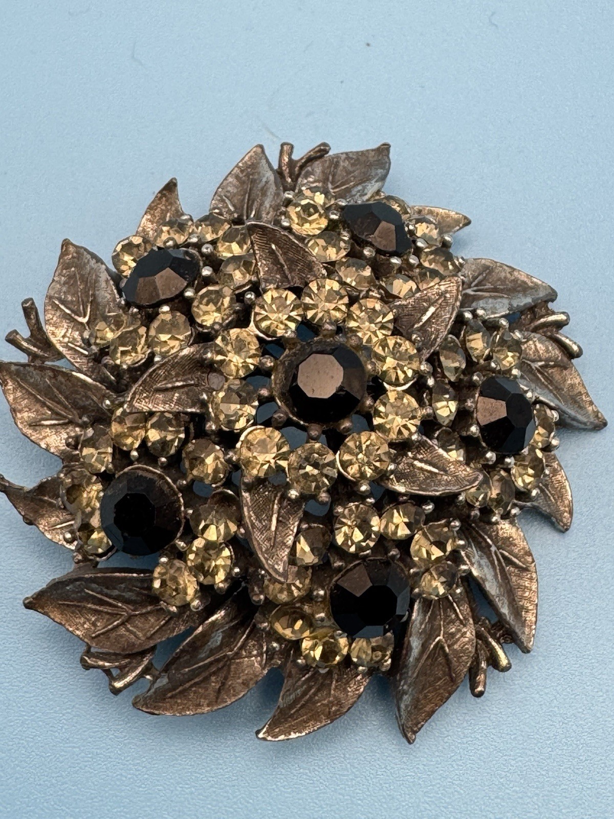 Gold Tone Floral Leaf Brooch Pin Black & Clear Round Rhinestones 2.5 in