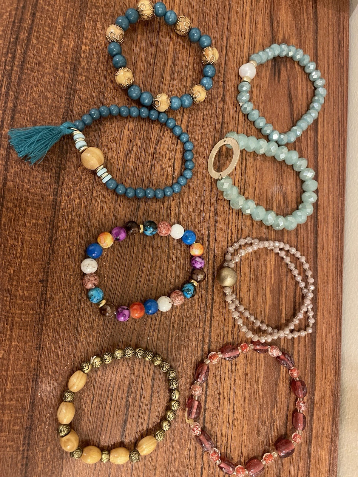 Set of 8 Stretchy Beaded Bracelets Various Colors & Styles Eclectic Boho Hippie