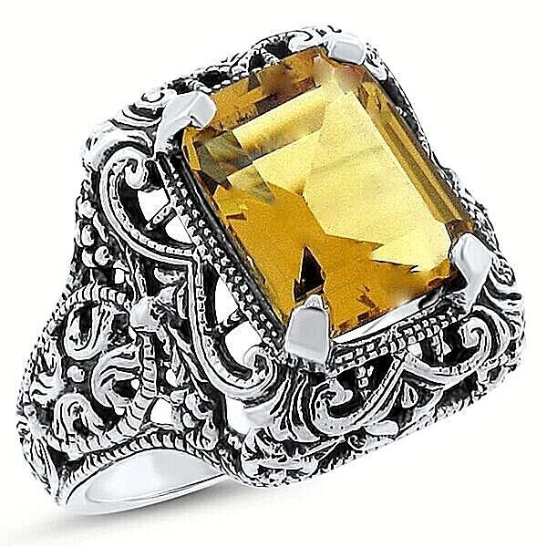ART DECO STYLE 925 STERLING SILVER FILIGREE 3 CT LAB-CREATED CITRINE RING #381