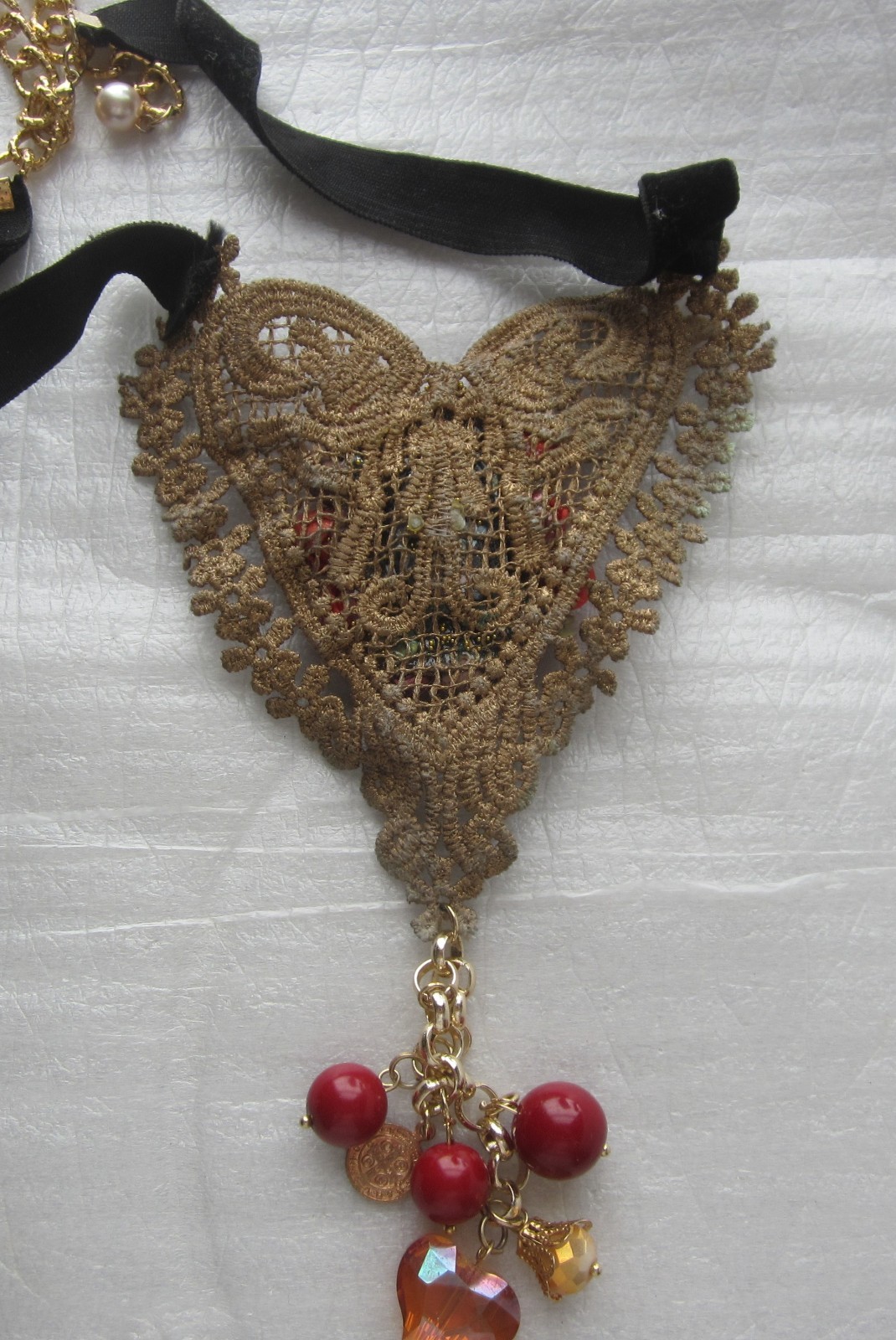 Lace Heart Choker with Flowers & Drop Pendant Tassel with Beads 17+ in.