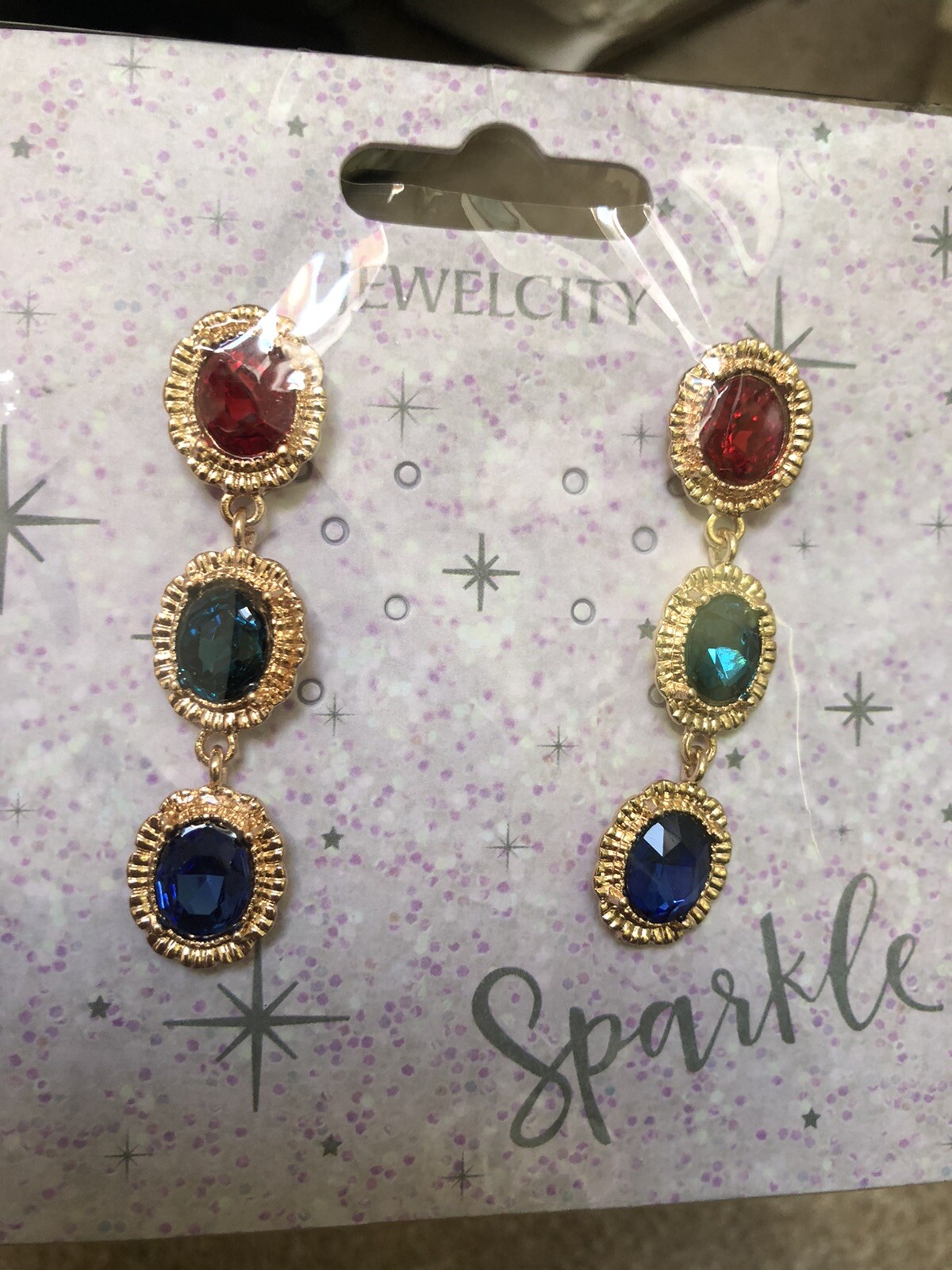 Gold Tone Red, Green & Blue Oval Shape Long Drop Earrings in Vintage Setting NEW