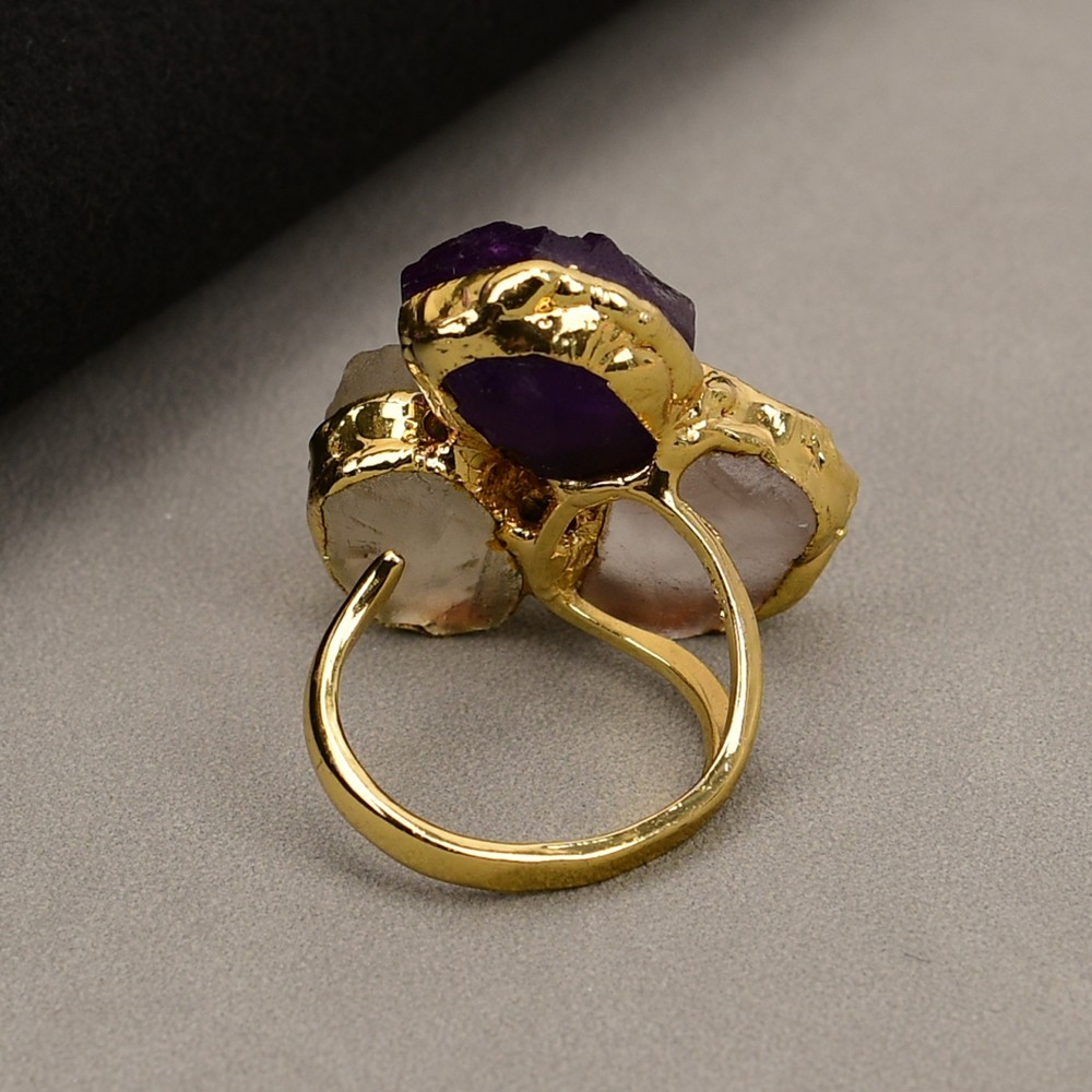 Natural Purple Amethyst Quartz Yelllow Citrine Gold Plated Rings For Women