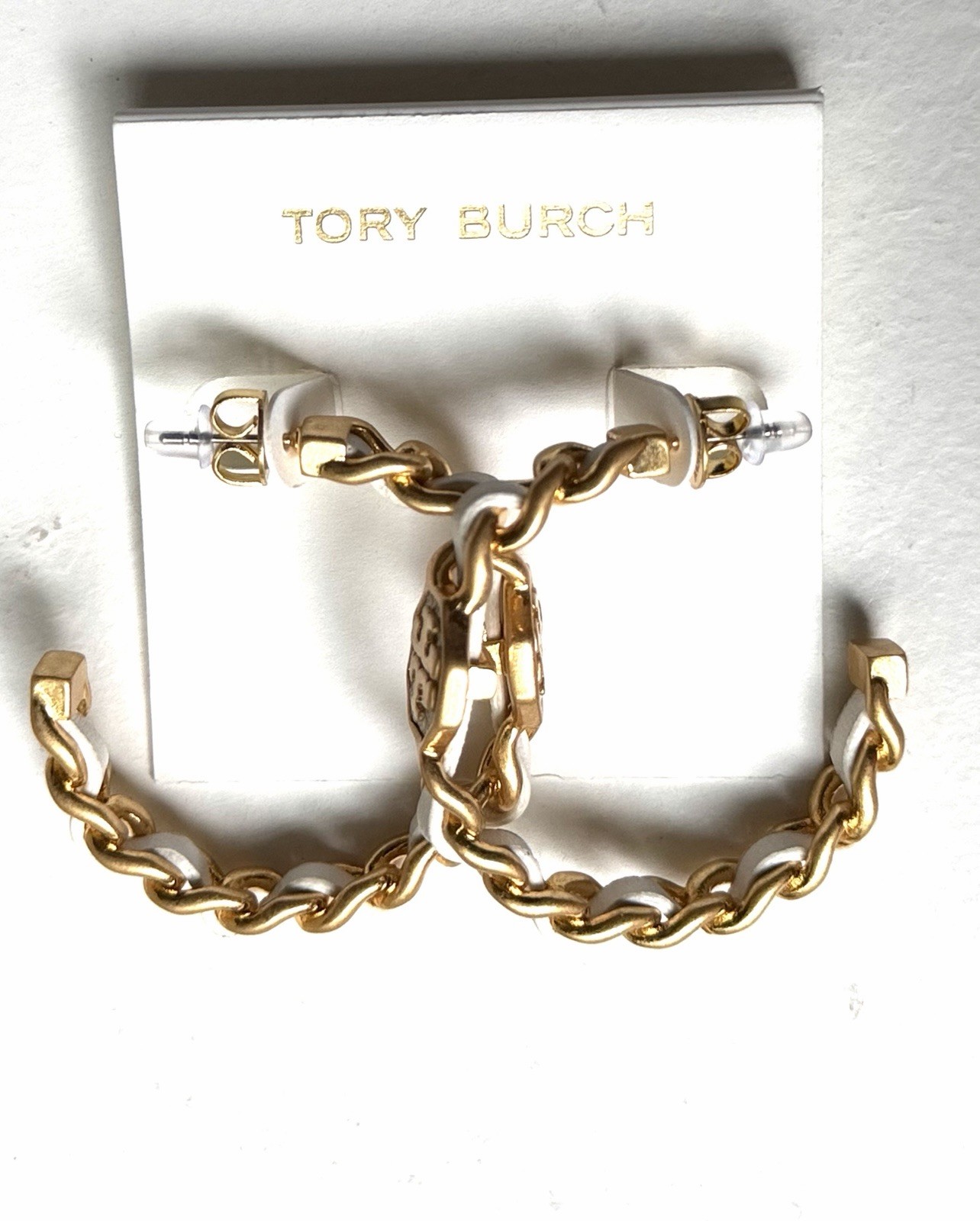 Tory Burch Gold Tone White Enamel Chain Link Hoop Earrings Butterfly Large Sexy