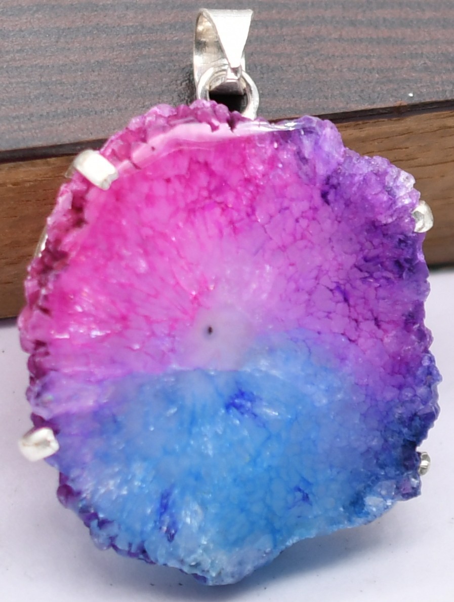 Rainbow Solar Quartz Druzy Natural Gemstone Silver Plated Pendant 2″ J674