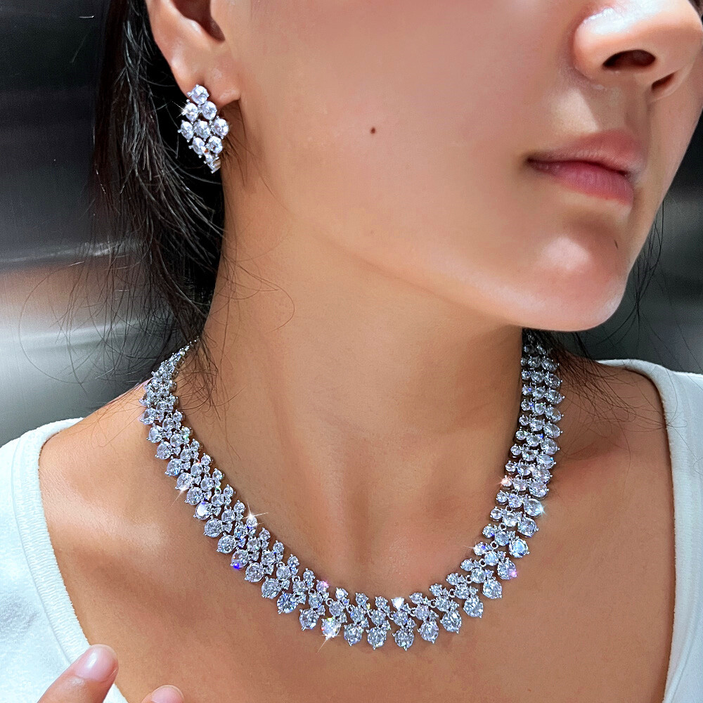 Women Round CZ Gorgeous Wide Necklace Earrings Silver Plated Wedding Jewelry Set