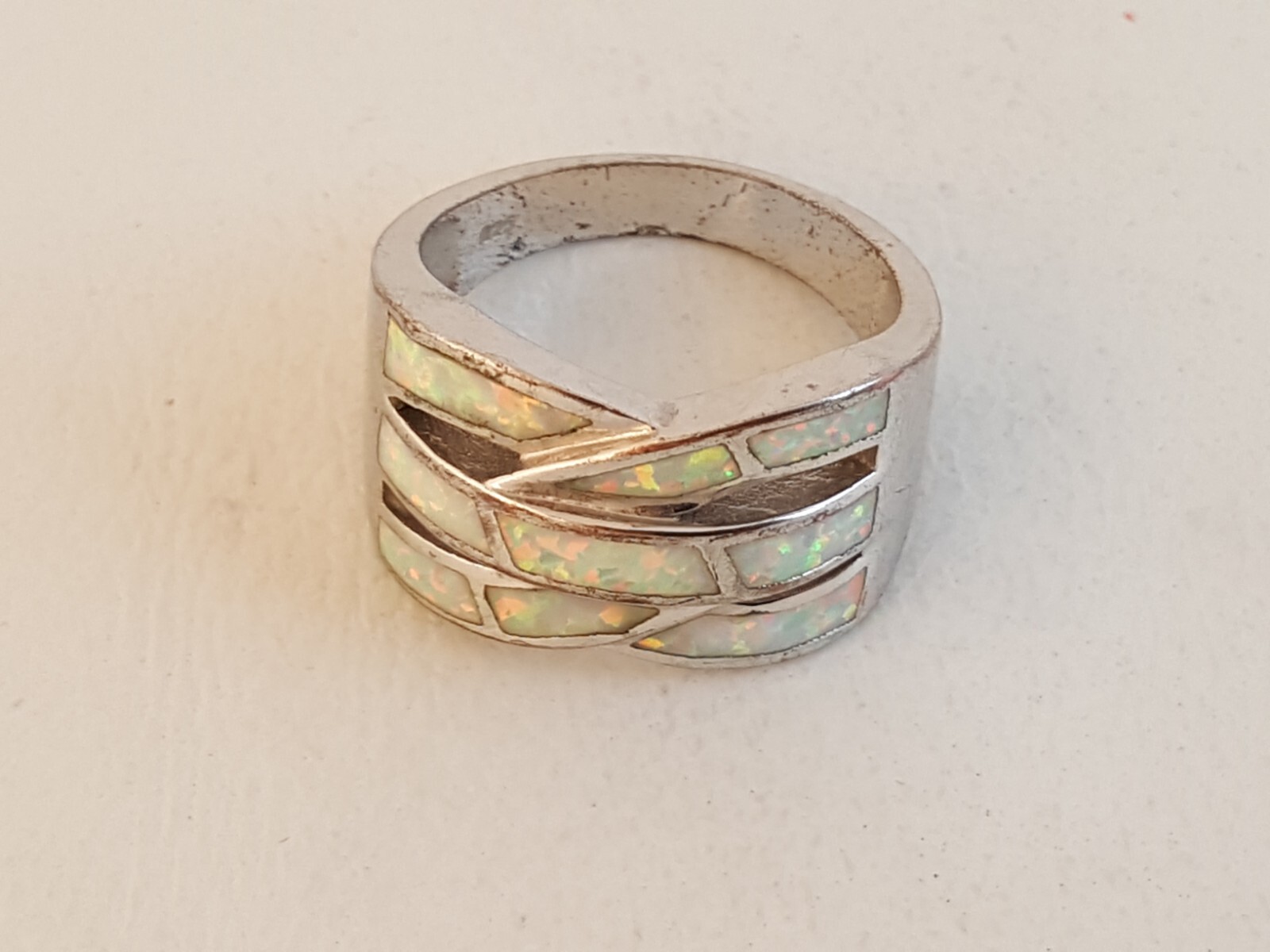 Lab created synthetic opal sterling silver ring sz 8 weave woven