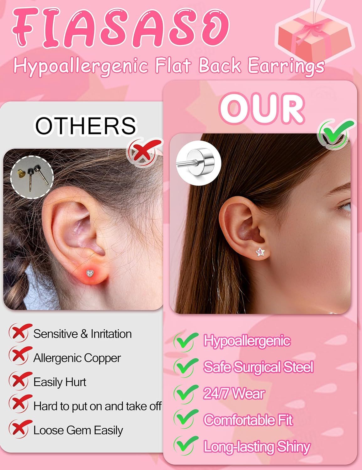 Hypoallergenic Flat Back Earrings for Girls Kids Toddler Women 10 Pair Surgical