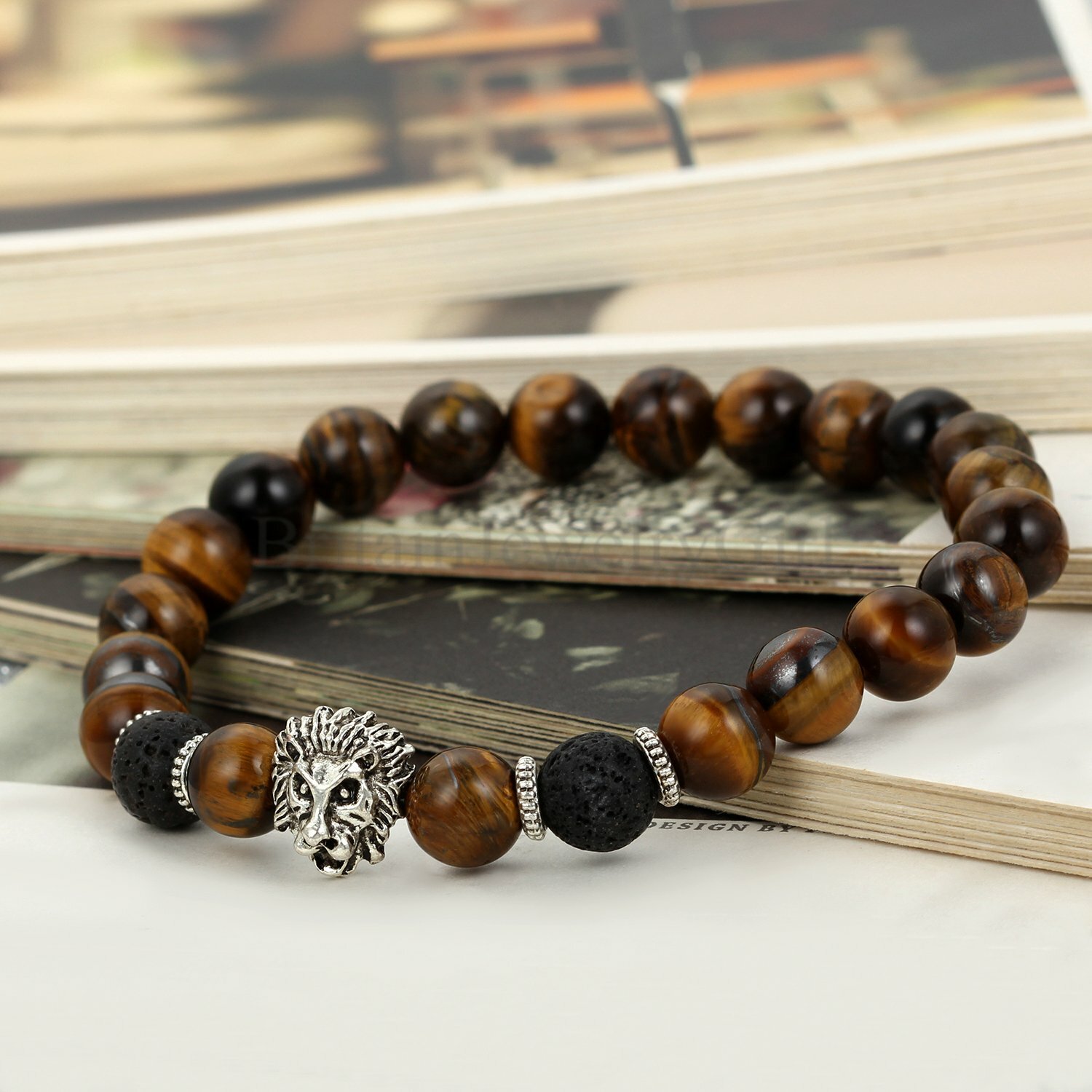 9.1″ Imitation Tiger Eye Stone Silver Tone Lion Head Men’s Bracelet 8MM Beads