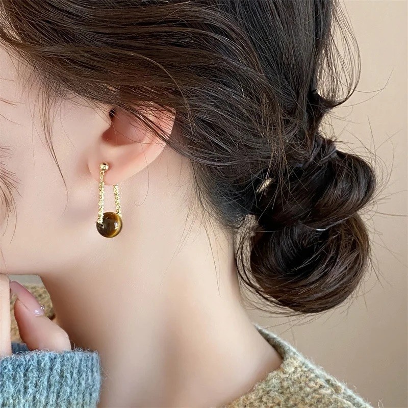 Round Tiger Eye Stone Hanging Earrings Womens Pendant Earring Fashion Jewelry