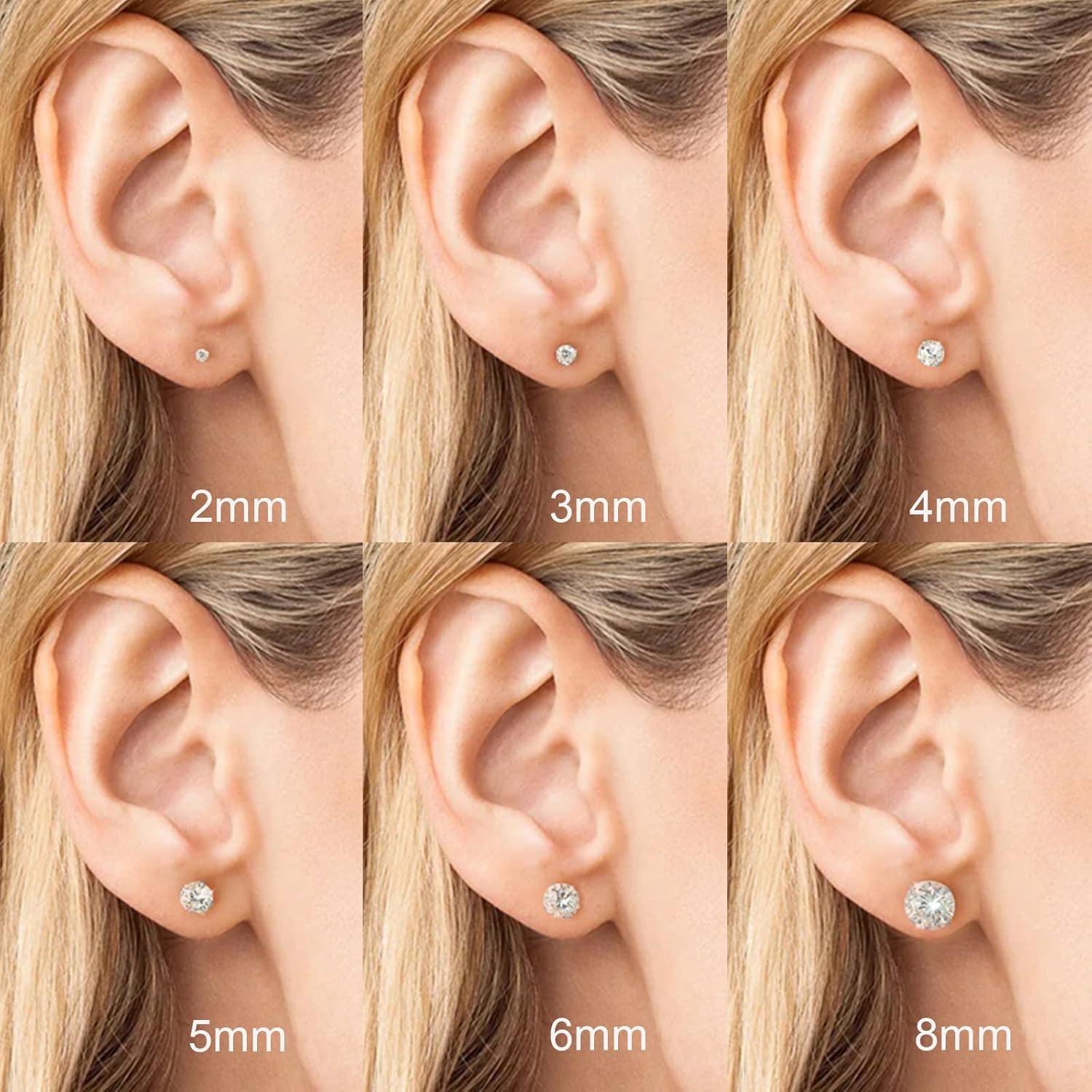 Threadless Flat Back Stud Earrings, 6 Pairs Titanium Hypoallergenic Earrings for