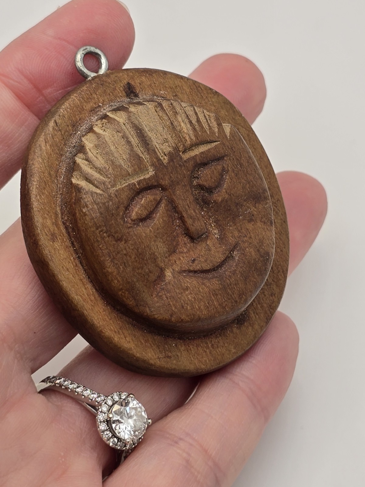 Vintage Handmade Folk Art Carved Wood Relief Wooden Moon Face Necklace Pendant