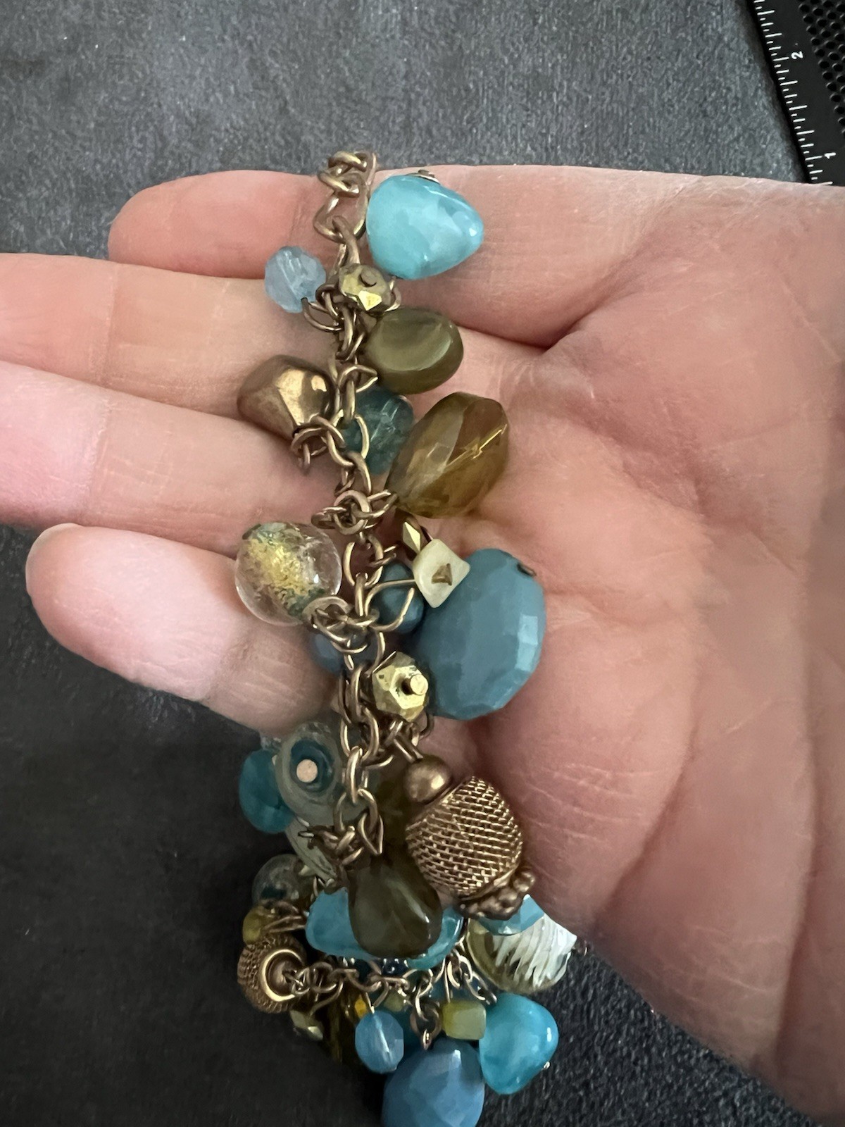 Multicolor Beaded Charm Necklace Turquoise Green Bronze 16”
