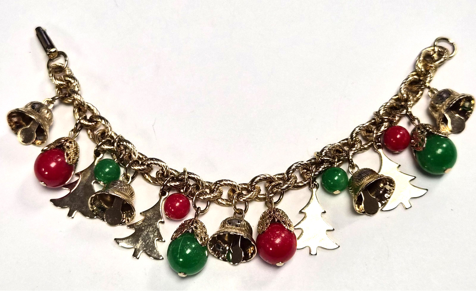 Vintage 70’s Christmas Holiday Bells Charm Dangle Red & Green Link 6.5″ Bracelet