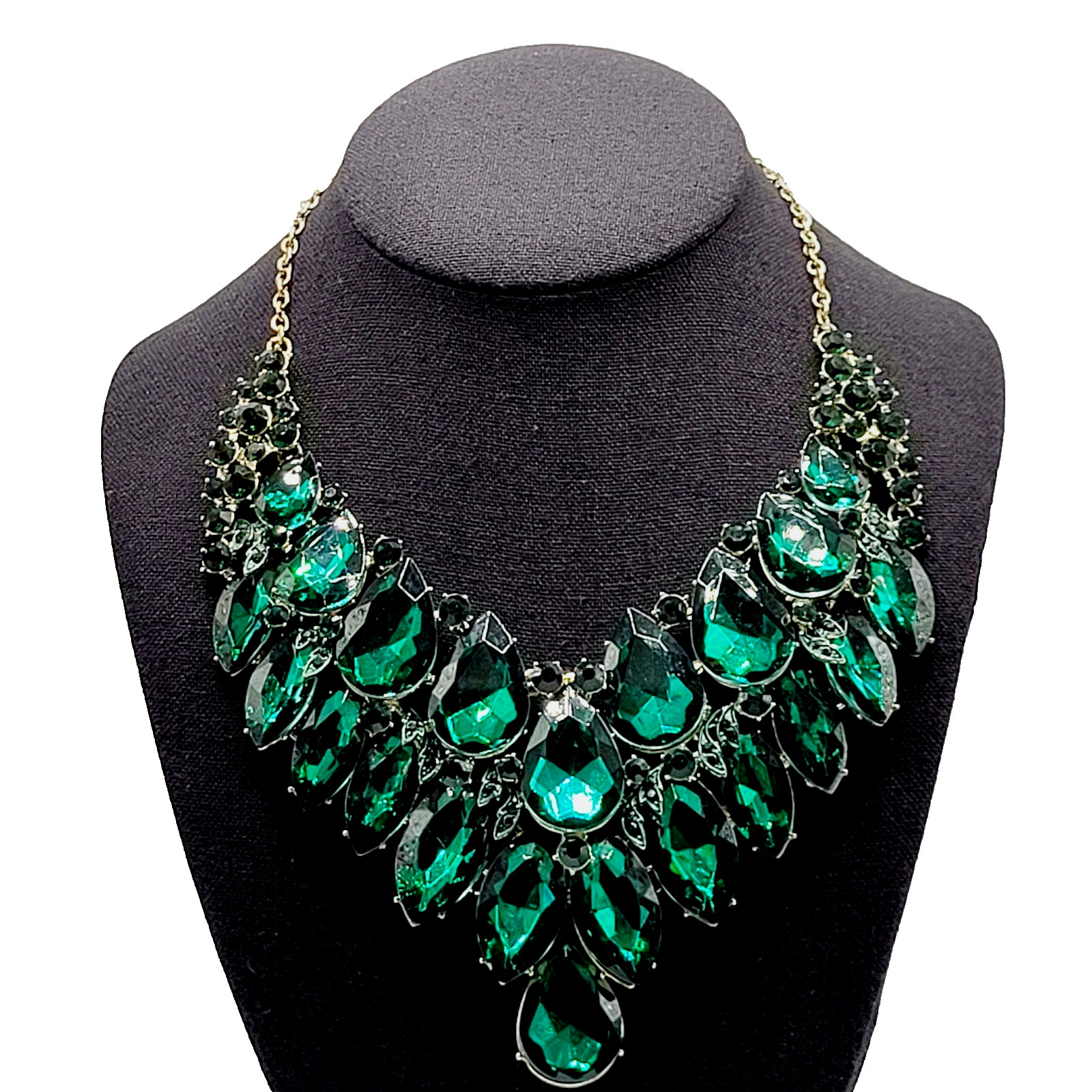 Christina Collection Green Faceted Glass Rhinestone Gold Tone Formal Necklace