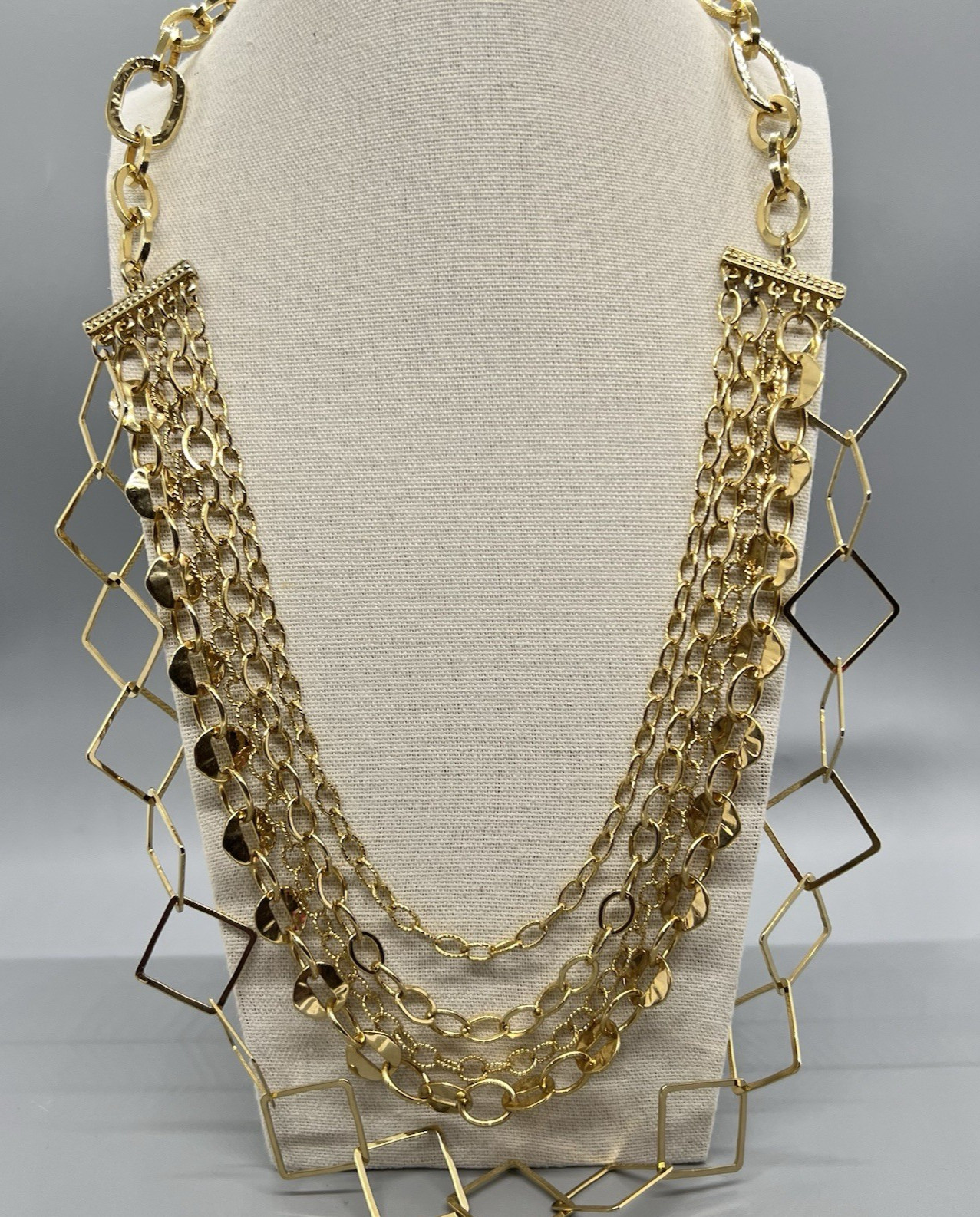 Bold Multi-Strand Gold Tone Statement Necklace Open Geometric Link Layerer
