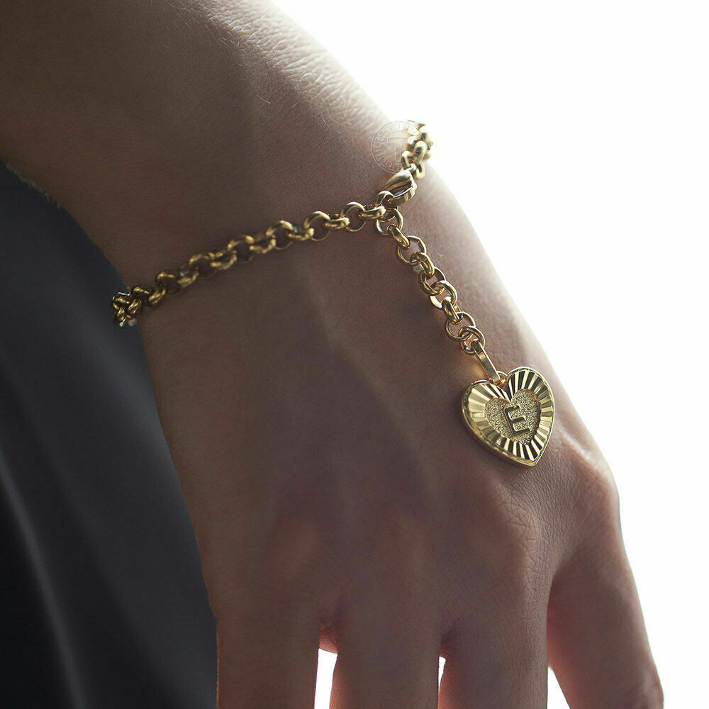 Women Gold Plated Stainless Steel Bracelet Heart Charm 8 inch 5mm Cable Chain