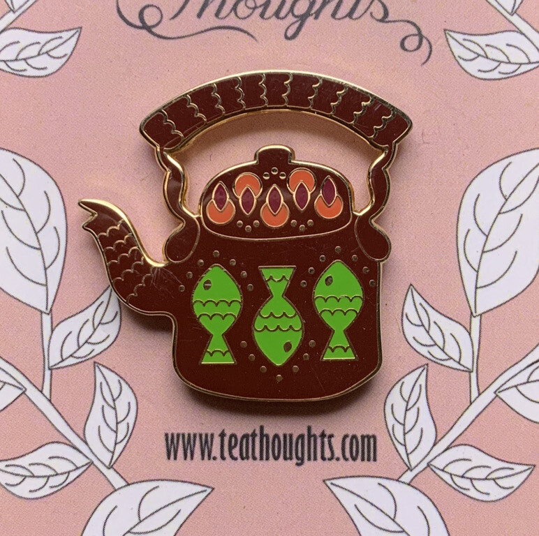 Tea Thoughts Pin Lapel Enamel Brown Green Fish Gold Tone Teapot Kettle