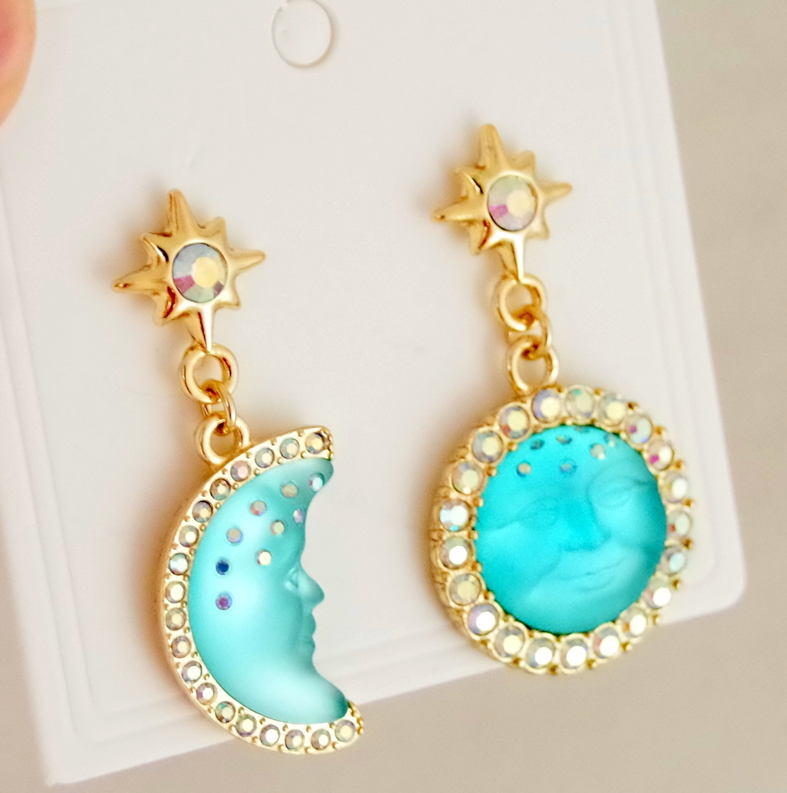 2″ KIRKS FOLLY BLUE SEAVIEW MOON FACE AB CRYSTAL RHINESTONE DROP DANGLE EARRINGS
