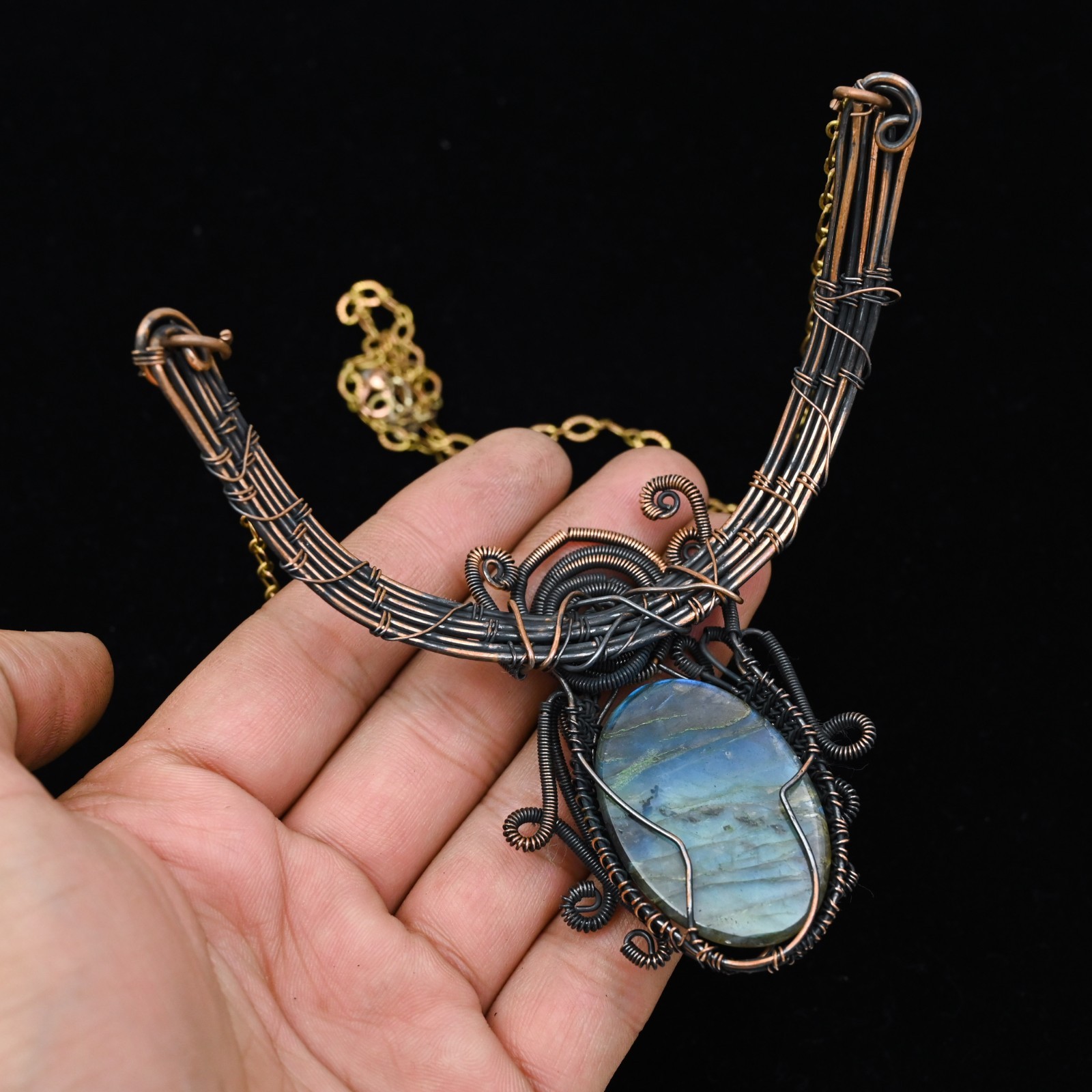 Copper Wire Wrapped Labradorite Pendant Necklace| Large Round Artisan Gemstone