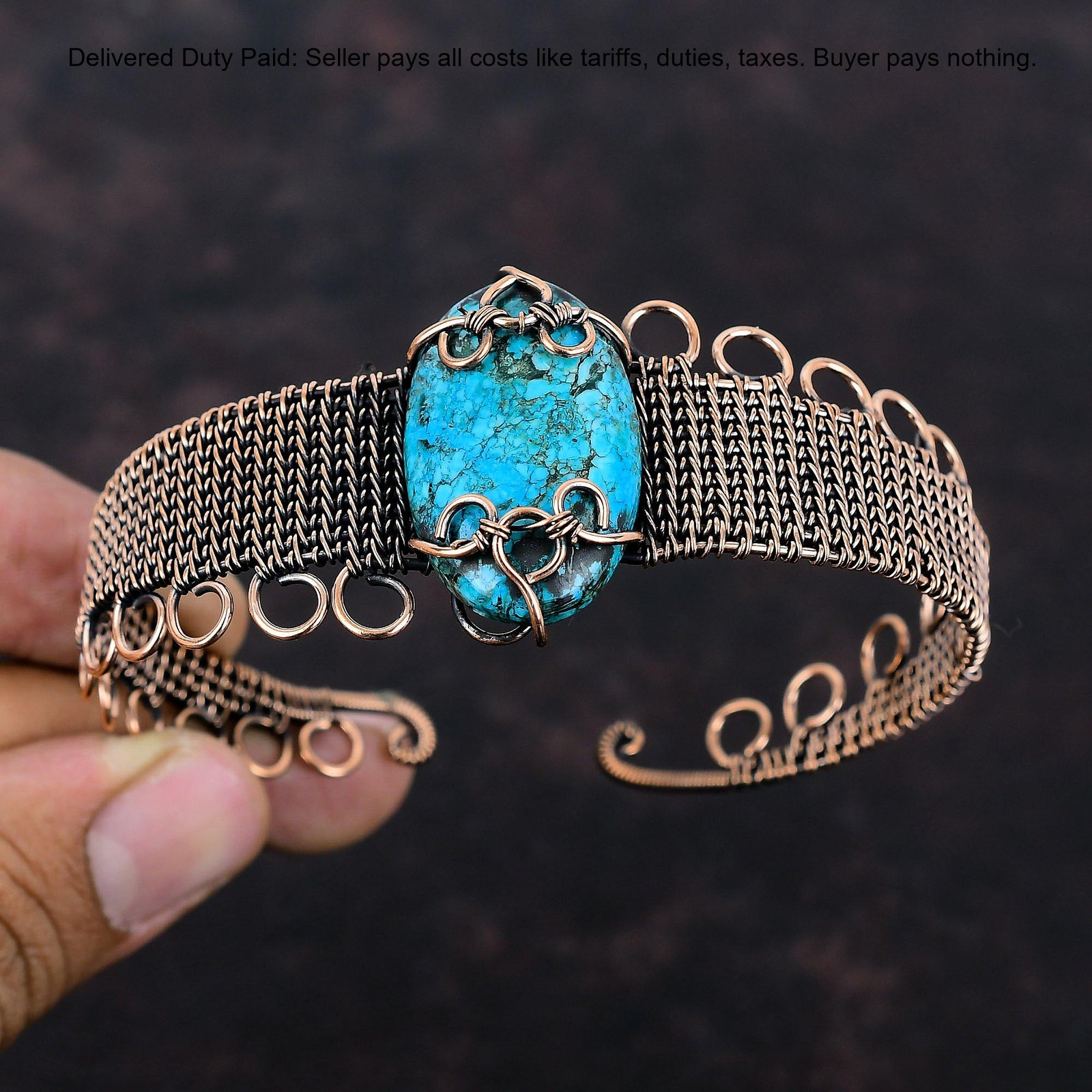 Copper Oval Tibetan Turquoise Stone Engagement Wire Wrapped Sister Trendy Bangle