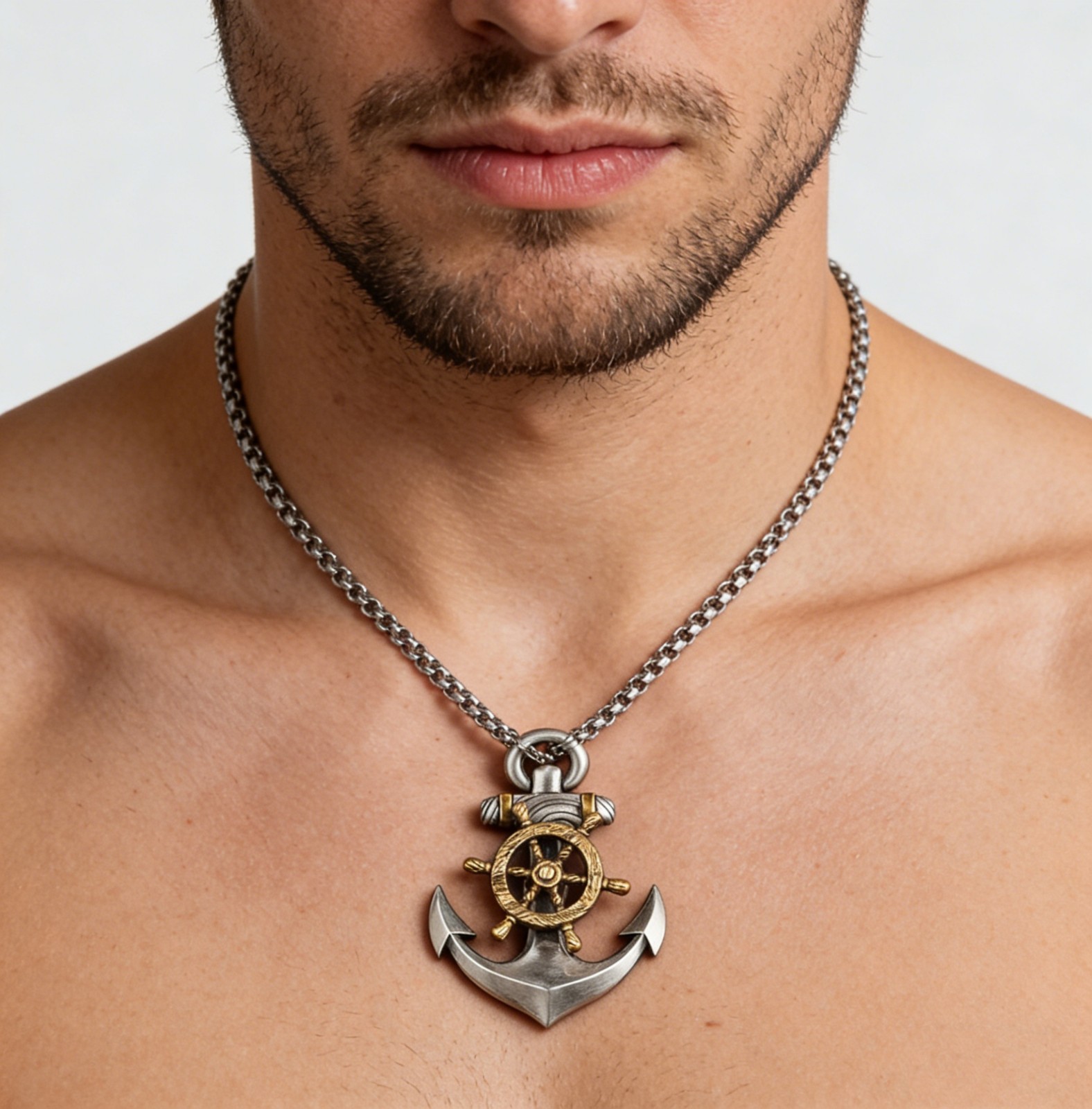 Men’s Retro 3D Boat Anchor & Rudder Two-tone Alloy Fashion Box Chain Necklace