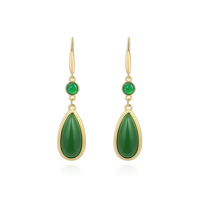 Green Jade Drop Dangle Earrings Minimalist Gemstone Hook 18K Gold Plated