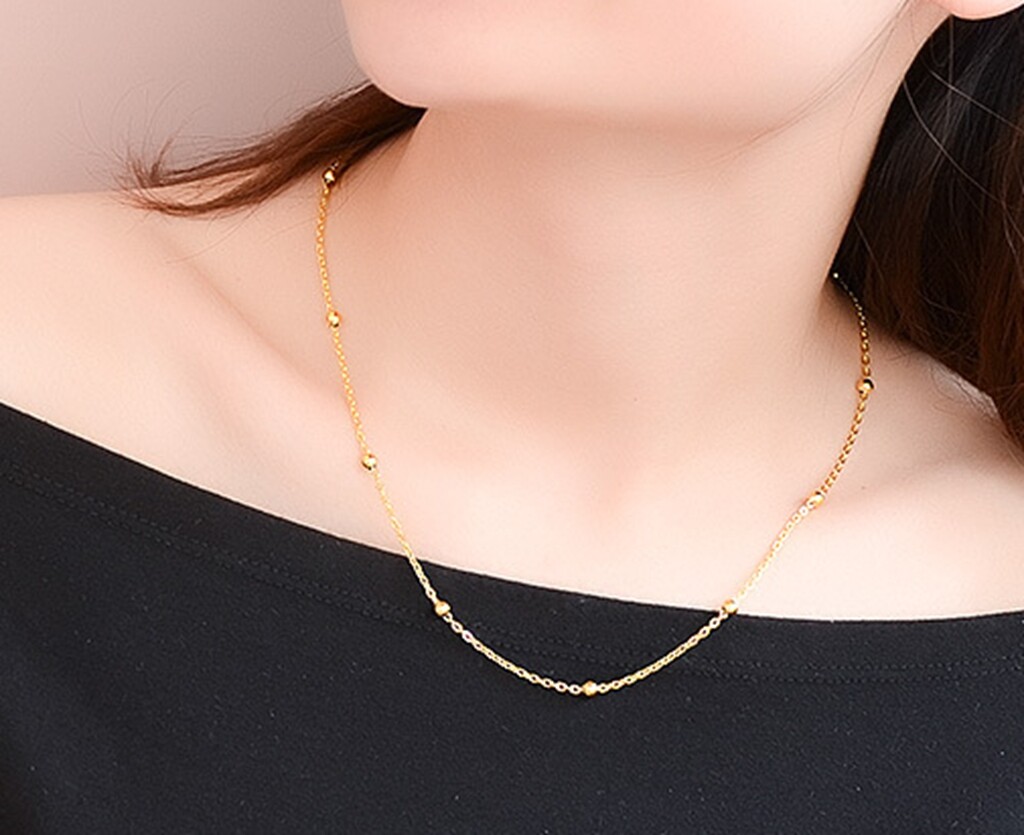 Women Gold Plated Titanium Stainless Steel 3mm Bead Chain Choker Necklace 14-18″
