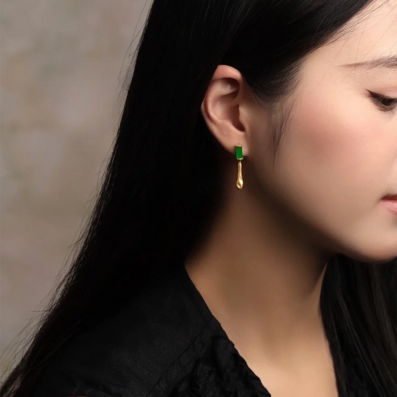 New Chinese style asymmetrical yang green small square water droplet earrings