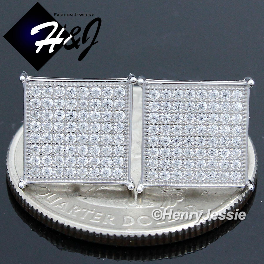 MEN 925 STERLING SILVER ICY BLING CZ 10MM SQUARE PUSH BACK 3D STUD EARRING*SE29