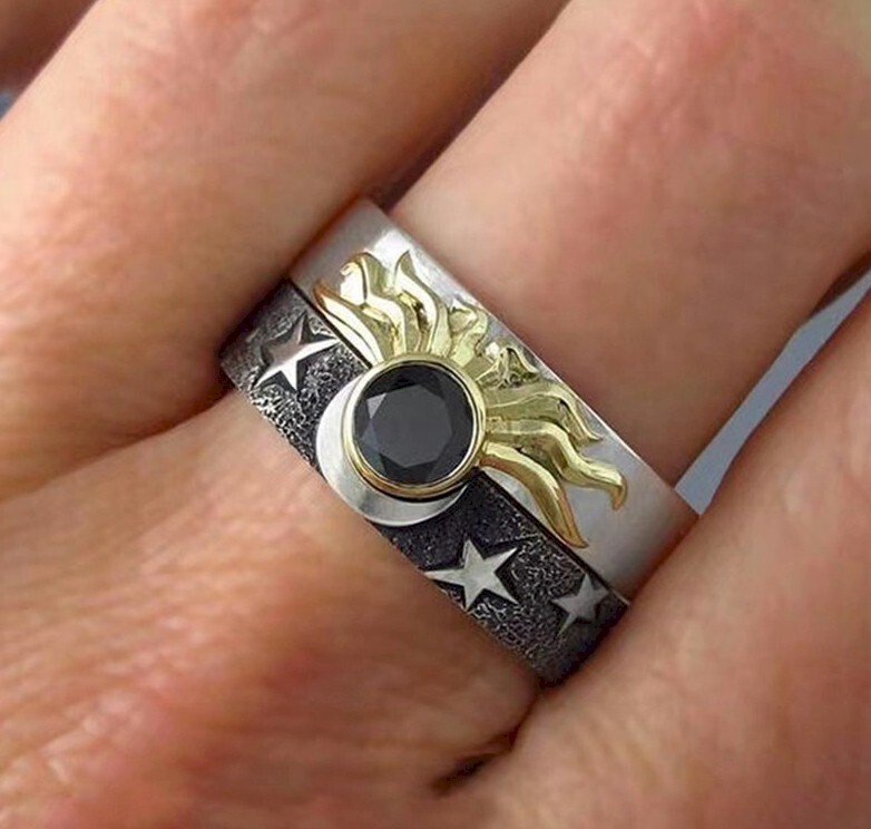 New Sun Moon Star 2Pcs Mens Womens Silver Ring
